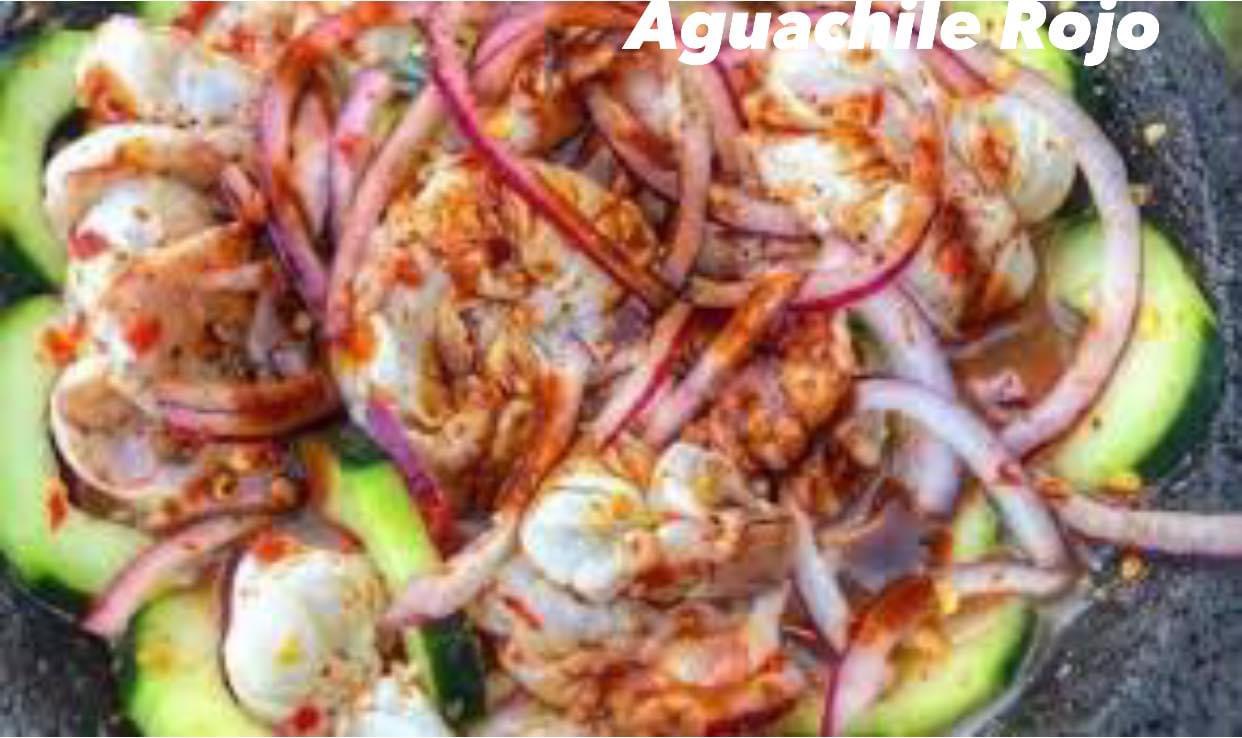 Aguachile Rojo with cucumber, onion, shrimp and a lime vinaigrette